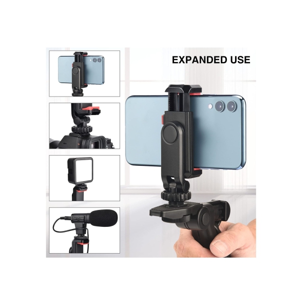 Cell Phone Tripod Mount Adapter Holder with 2 Cold Shoe Camera Phone Hot Shoe Holder 360 Adjustable Rubber Pad Clip for iPhone Samsung Video Live Streaming Vlogging Rig 