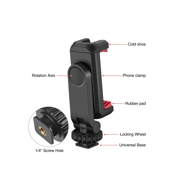 Cell Phone Tripod Mount Adapter Holder with 2 Cold Shoe Camera Phone Hot Shoe Holder 360 Adjustable Rubber Pad Clip for iPhone Samsung Video Live Streaming Vlogging Rig 
