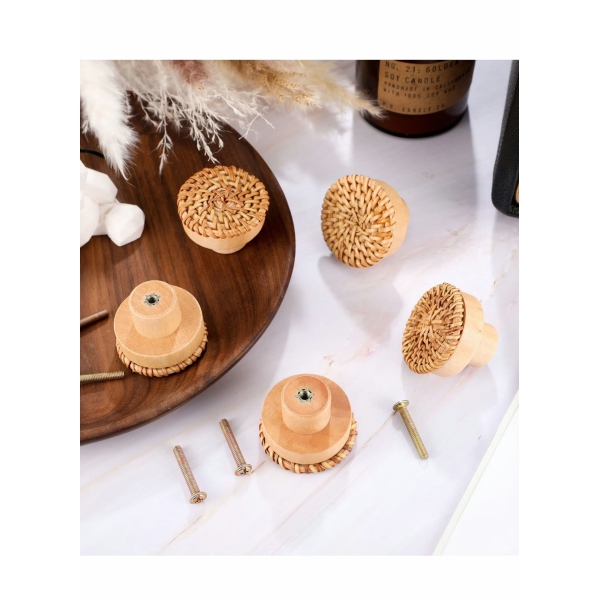 Wooden Drawer Knobs, Rattan Dresser Knobs Round Handmade Wicker Woven and Screws for Boho Furniture Knobs Cabinets Dresser Handles Hardware Pulls Cabinet Knobs Wood Color 