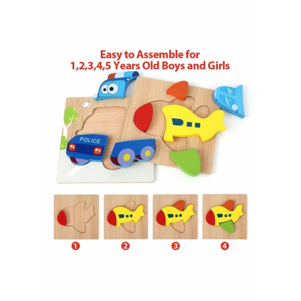 Wooden Jigsaw Puzzles for Toddlers, 5 Pack Vehicle Puzzles for Boys and Girls, Bright Vibrant Color, Educational Toys for Kids 