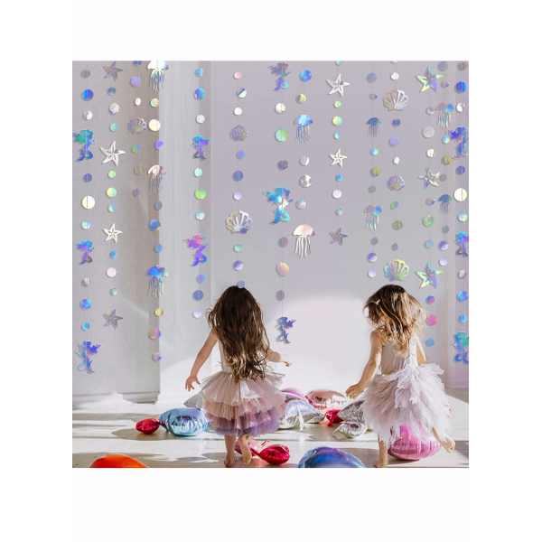 Iridescent Mermaid Garland with Jellyfish Seashell Starfish Pearl Holographic Paper Streamer for Little Mermaid Rainbow Theme Birthday Bachelorette Baby Shower Under The Sea Party Decorations 52 Ft 