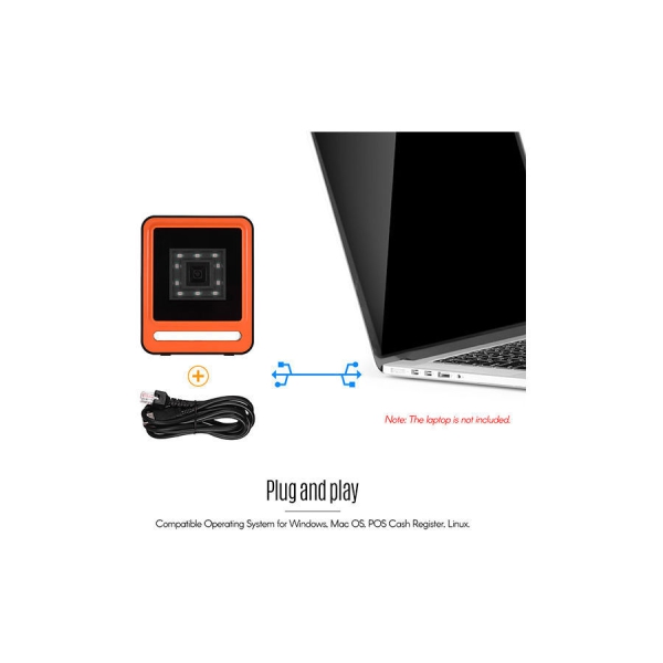 قارئ باركود سلكي 1D 2D QR يعمل بدون استخدام اليدين بمنفذ USB برتقالي 