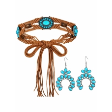 Turquoise Braid Waist Belt, Bohemian Style Woven Belt and Turquoise Jewelry and Drop Statement Post Earrings Set for Women, 2pcs 