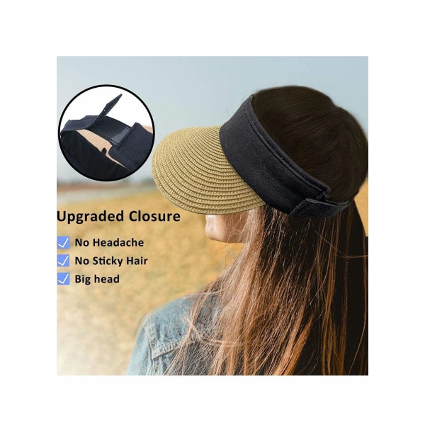Straw Roll Up Sun Visor Hat for Women, Beach Cap Foldable Adjustable Size large Wide Brim Summer UV Protection Oversized Visors for Sun Hiking Golf Sports Exercise Fitness 