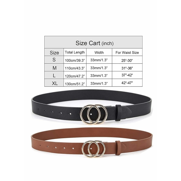 Women Belts for Jeans Dress with Fashion Double O Ring Buckle and Soft PU Faux Leather Belt(S,2 PCS) 