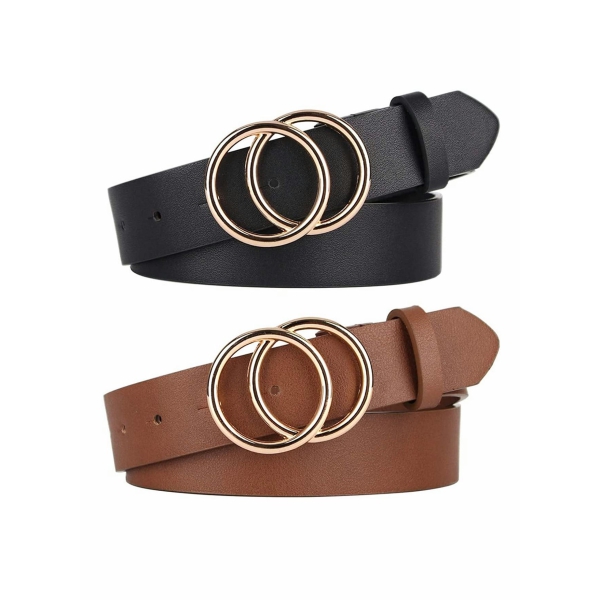 Women Belts for Jeans Dress with Fashion Double O Ring Buckle and Soft PU Faux Leather Belt(S,2 PCS) 