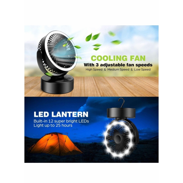 Portable Camping Fan with LED Lights,Tent Fan with Hanging Hook Battery Operated 
