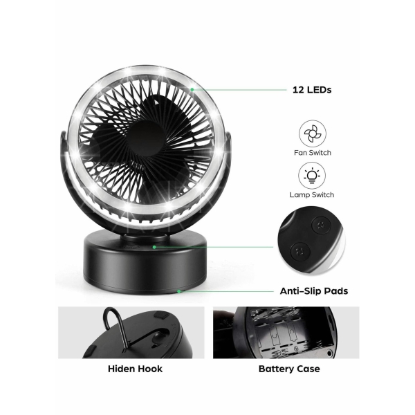 Portable Camping Fan with LED Lights,Tent Fan with Hanging Hook Battery Operated 