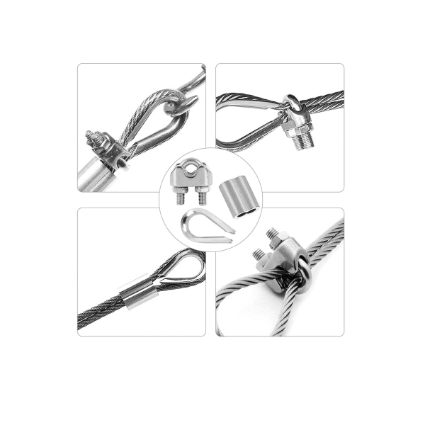 Wire Rope Accessory Set, 24pcs 304 Stainless Steel Cable Clamp Silver M2 Clip, Thimble, 2mm Aluminum Crimping Loop, for 1 8 inch 