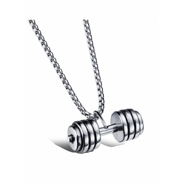 Fitness Dumbbell Barbell Pendant Necklace Stainless Steel Chain Gym Jewelry for Men and Boys 