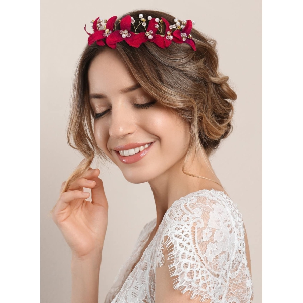 Wedding Bride Floral Red Headband, Crystal Gold Red Flower Hair Vine with Pearl Rhinestone Hair Accessory with Earring, Boho Delicate Hair Piece Jewelry for Women and Girls 