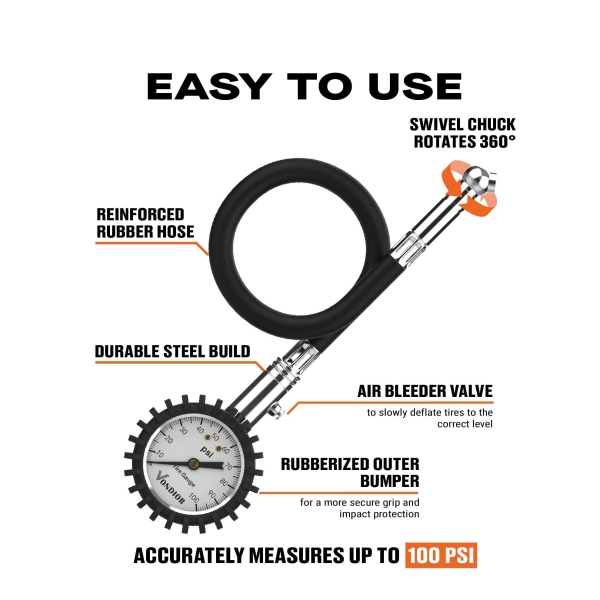 Tire Gauge - (0-100 PSI) Heavy Duty Tire Pressure Gauge. Certified ANSI Accurate with LLarge Easy to Read Glow Dial, Low to High Air Pressure Tire Gauge for RV, Bicycles, Cars, Trucks 