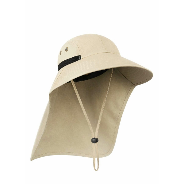 Outdoor Sun Hat for Men, 50+ UPF Protection Safari Cap Wide Brim Pure Cotton Fishing with Neck Flap, Khaki 