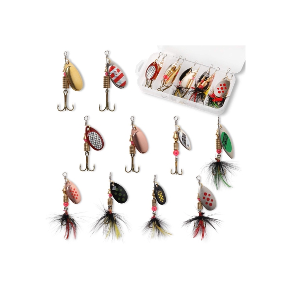 Fishing Lure Spinnerbait, 10 Pcs Bass Trout Salmon Hard Metal Spinner Baits Kit with Tackle Boxes, Portable Spinner Baits for Saltwater Freshwater Bass Trout Salmon Crappies Perch Fishing 