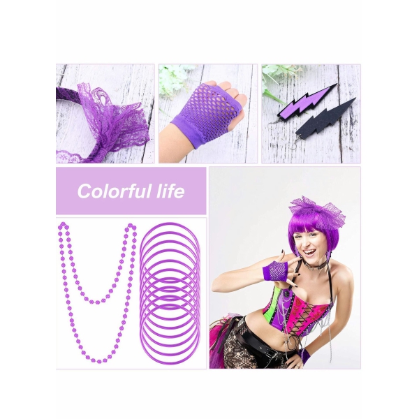 80s Fancy Dress Costume Accessories Lace Headband Earrings Fingerless Fishnet Gloves for 80s Retro Party (Purple) 