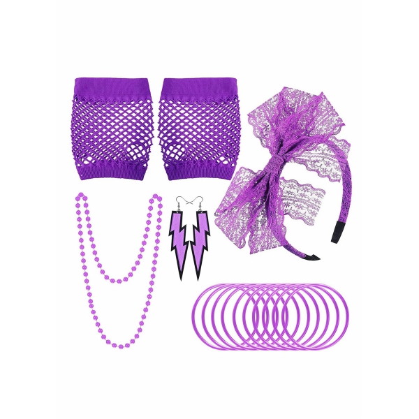 80s Fancy Dress Costume Accessories Lace Headband Earrings Fingerless Fishnet Gloves for 80s Retro Party (Purple) 