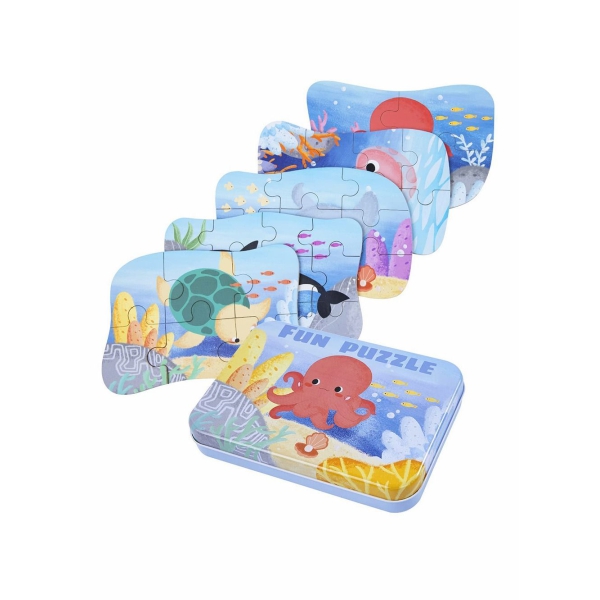 Sea Animal Puzzles for 3 4 5 6 Year Olds, 5-in-1 Jigsaw Puzzles with Iron Box for Storage, Puzzle Toys Gifts for Boys, Girls, Kids and Children (Sea Animal Puzzles) 