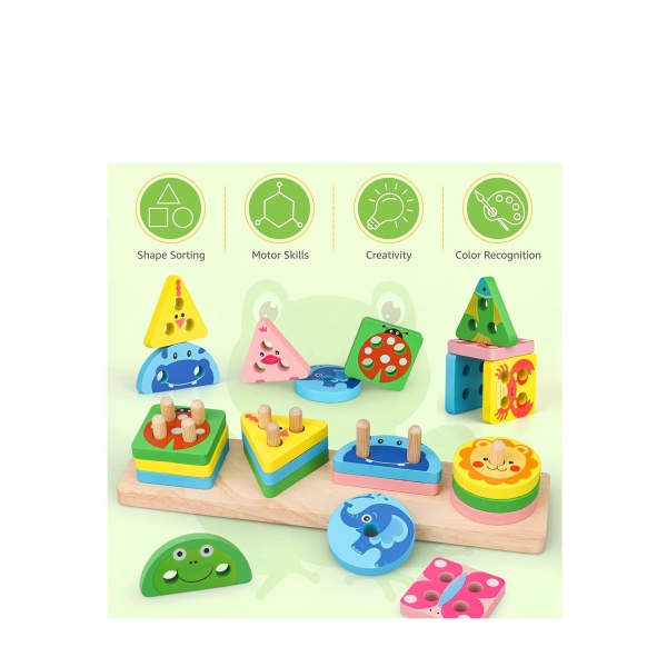Montessori Toys for1-3Year Old Boys Girls,Wooden Sorting Stacking Toys for Toddlers,Preschool Educational Toys for 1-3 Year Old Color Recognition Shape Sorter,Learning Puzzles Gifts for1-3Year Old 