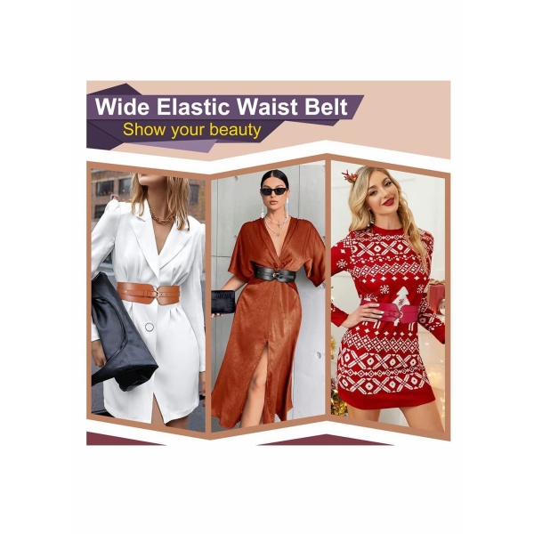 Women s Wide Elastic Waist Belt, Ladies Stretch Cinch Belt for Dress with Fashion Layered Back 