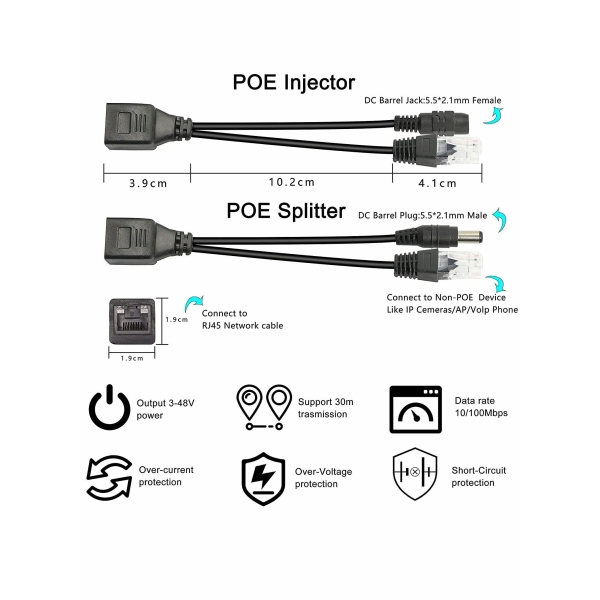 كبل مهايئ POE السلبي ، وحاقن POE ثنائي الازواج ، ومجموعه فاصل POE مع موصل تيار مستمر مقاس 5.5×2.1 مم لشبكات WLAN ، واجهزه التوجيه ، والمفاتيح ، والاتصال الهاتفي عبر الانترنت ، وكاميرات IP 