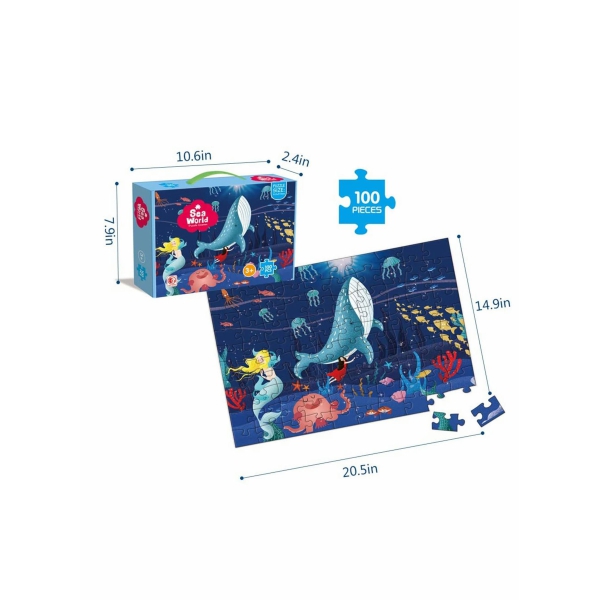 Ocean World Series Puzzle, 100 PCS Safe Material, Cartoon Design Bright Color, Durable Storage Box, No Sharp Corner, Fun Playing for Kids Improve Logic Mind Focusing, Educational Toy 