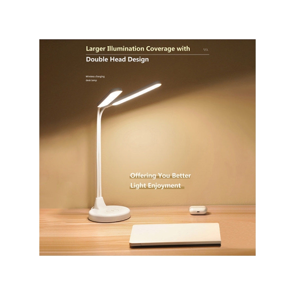 DC 5V 8W Double Heads Design Table Light Desk Lamp for Reading Bedroom Living Room CafePlug-in three-tone light - without wireless charging English packaging