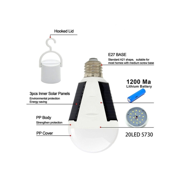 مصباح LED مزود بخطاف قابل لاعاده الشحن بالطاقه الشمسيه بقدره 7 واط طراز IP65 ابيض